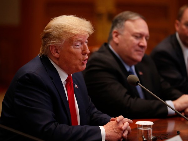 U.S. President Donald Trump talks with South Korean President Moon Jae-in during an expanded meeting at the Presidential Blue House in Seoul, South Korea, June 30, 2019.   REUTERS/Kim Hong-Ji/Pool