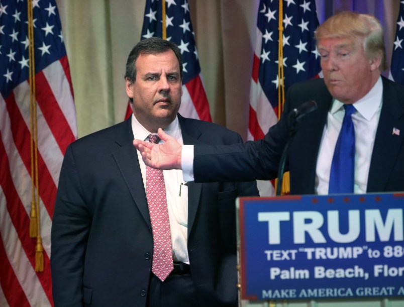 PALM BEACH, FL - MARCH 01:  New Jersey Governor Chris Christie accompanies Republican Presidential frontrunner Donald Trump off the stage after a press conference on March 1, 2016 in Palm Beach, Florida. Christie stood by as Trump held a press conference at his Mar a Lago Club after the polls closed in a dozen states nationwide on Super Tuesday.  (Photo by John Moore/Getty Images)