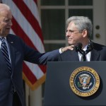 U.S. President Barack Obama andÊVice President Joe Biden stand with Judge Merrick Garland, the president'sÊnominee to replace the late Supreme Court Justice Antonin Scalia, in the Rose Garden at the White House, March 16, 2016 in Washington, DC.ÊMerrick, 63, is chief judge ofÊthe United States Court of Appeals for the District of Columbia Circuit and was confirmed to that position by a Senate vote of 76 to 23 in 1997.
