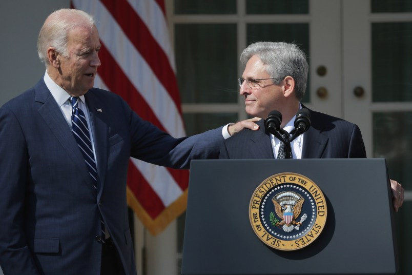 U.S. President Barack Obama andÊVice President Joe Biden stand with Judge Merrick Garland, the president'sÊnominee to replace the late Supreme Court Justice Antonin Scalia, in the Rose Garden at the White House, March 16, 2016 in Washington, DC.ÊMerrick, 63, is chief judge ofÊthe United States Court of Appeals for the District of Columbia Circuit and was confirmed to that position by a Senate vote of 76 to 23 in 1997.