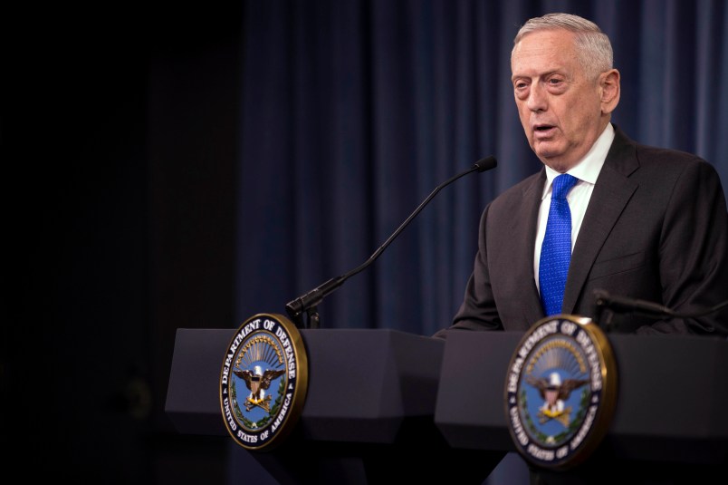 WASHINGTON, DC - AUGUST 28: U.S. Secretary of Defense James Mattis speaks during a press briefing at the Pentagon August 28, 2018 in Arlington, VA. (Photo by Zach Gibson/Getty Images)