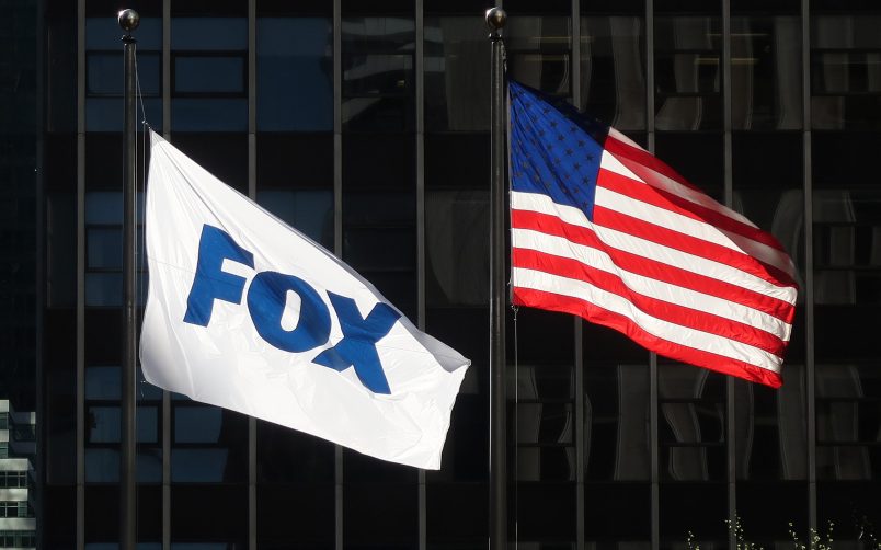 NEW YORK, NY - APRIL 24: A flag with the new logo for FOX flies outside of their corporate headquarters on 6th Avenue on April 24, 2019 in New York City. (Photo by Gary Hershorn/Getty Images)