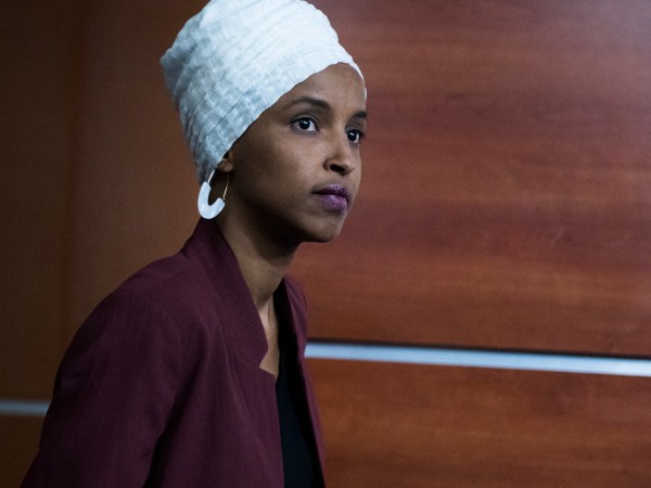 UNITED STATES - JULY 15: Rep. Ilhan Omar, D-Minn., arrives for a news conference in the Capitol Visitor Center responding to negative comments by President Trump that were directed at the freshmen House Democrats on Monday, July 15, 2019. (Photo By Tom Williams/CQ Roll Call)