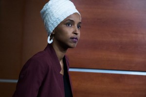 UNITED STATES - JULY 15: Rep. Ilhan Omar, D-Minn., arrives for a news conference in the Capitol Visitor Center responding to negative comments by President Trump that were directed at the freshmen House Democrats on Monday, July 15, 2019. (Photo By Tom Williams/CQ Roll Call)