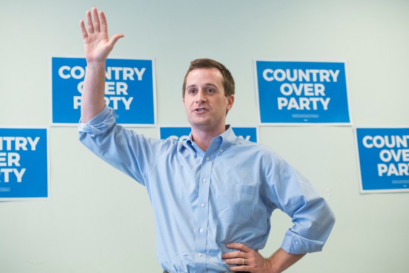 UNITED STATES - AUGUST 10: Dan McCready, Democratic candidate for North Carolina's 9th District, talks with voters at his campaign office during his education tour in Elizabethtown, N.C., on Saturday, August 10, 2019. (Photo By Tom Williams/CQ Roll Call)