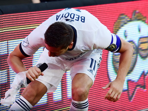 WASHINGTON, DC - AUGUST 04: Alejandro Bedoya #11 of Philadelphia Union yells into a television microphone after scoring a goal in the first half against the D.C. United at Audi Field on August 4, 2019 in Washington, DC. (Photo by Patrick McDermott/Getty Images)