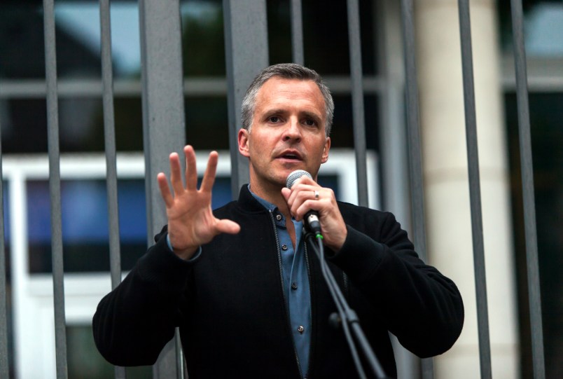 COPENHAGEN, DENMARK – JUNE 13, 2016:  Rufus Gifford, US Ambassador to Denmark,  holds a speech during the memorial ceremony for the victims of the Orlando massacre in Copenhagen, Denmark, on June 13, 2016. The ceremony took place in front of the US Embassy and was co-organized by the Embassy and Copenhagen Pride. (Photo by Ole Jensen/Corbis via Getty Images)