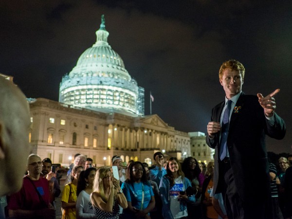 WASHINGTON, DC - June 23:  Rep. Joe Kennedy III (D-MA) speaks to supporters of House Democrats taking part in a sit-in on the House Chamber outside the U.S. Capitol on June 23, 2016 in Washington, DC. House Republicans attempted to end the 16-hour sit-in by Democrats early Thursday morning by adjourning for a recess through July 5.  (Photo by Pete Marovich/Getty Images)