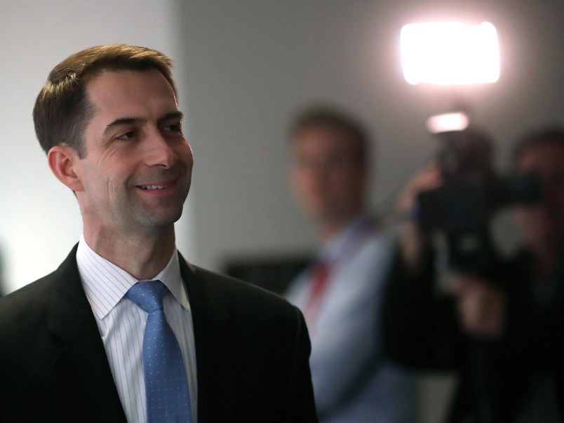 WASHINGTON, DC - MARCH 08:  Sen. Tom Cotton (R-AR) walks to a closed door Senate Intelligence Committee meeting, on March 8, 2018 in Washington, DC. The committee is investigating alleged Russian interference in the 2016 U.S. presidential election.  (Photo by Mark Wilson/Getty Images)