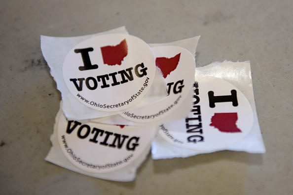 CAMBRIDGE, OH - NOVEMBER 06: Stickers at the Guernsey County Senior Center polling location on November 6, 2018 in Cambridge, Ohio. Turnout is expected to be high nationwide as Democrats hope to take back control of at least one chamber of Congress. (Photo by Justin Merriman/Getty Images)