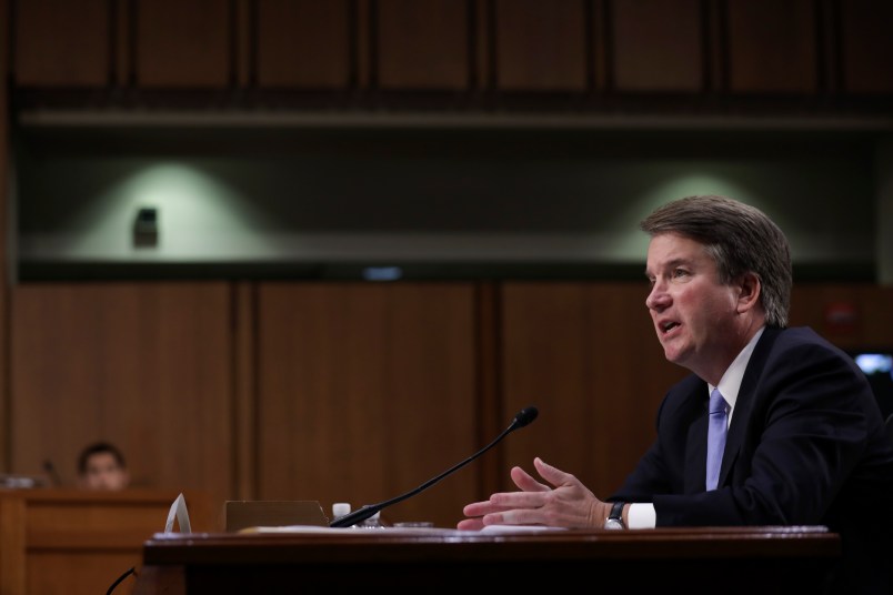 WASHINGTON, DC - SEPTEMBER 6: Supreme Court nominee Judge Brett Kavanaugh testifies before the Senate Judiciary Committee on the third day of his Supreme Court confirmation hearing on Capitol Hill September 6, 2018 in Washington, DC. Kavanaugh was nominated by President Donald Trump to fill the vacancy on the court left by retiring Associate Justice Anthony Kennedy. (Photo by Drew Angerer/Getty Images)