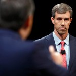 Rep. Beto O'Rourke (D-TX) looks and listens to Sen. Ted Cruz (R-TX) during a debate at McFarlin Auditorium at SMU in Dallas, on  Friday, September 21, 2018. (Tom Fox/The Dallas Morning News/Pool)