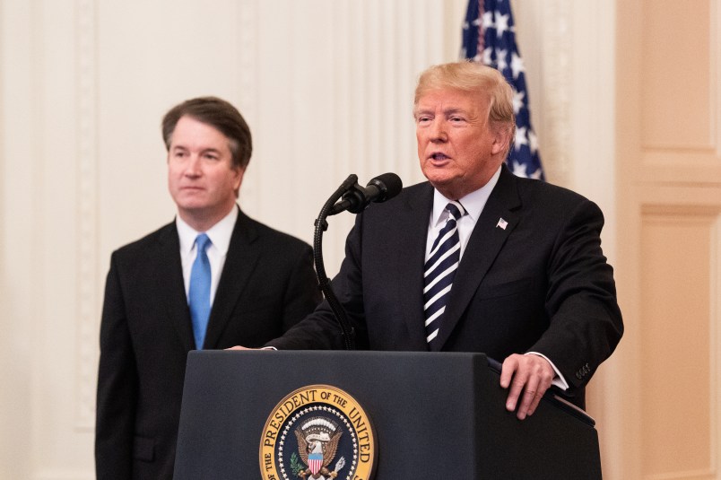 WASHINGTON, DC, UNITED STATES - 2018/10/08: President Donald Trump and Brett Kavanaugh at the swearing in of Brett Kavanaugh as an Associate Justice of the Supreme Court in the East Room of the White House. (Photo by Michael Brochstein/SOPA Images/LightRocket via Getty Images)
