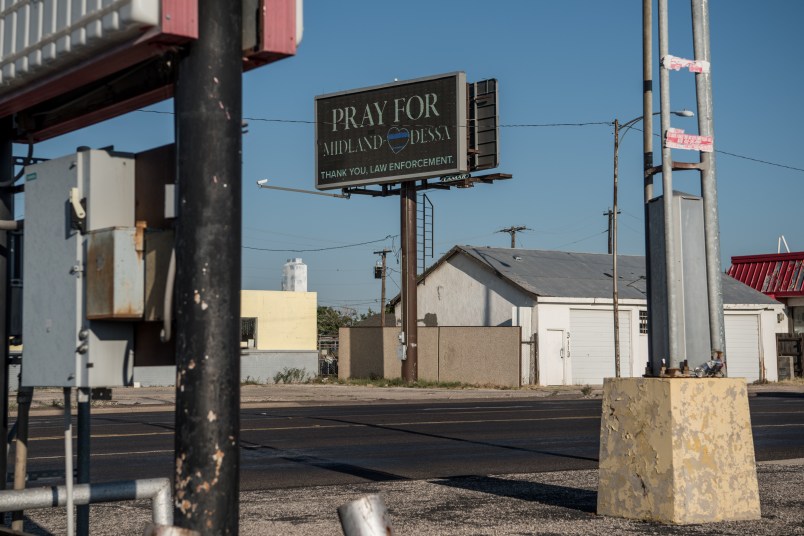 ODESSA, TX - SEPTEMBER 2:  An electronic banner supporting the city two days after a mass shooting claimed the lives of seven people, on September 2, 2019 in Odessa, Texas. Officials say the suspect Seth Ator, 36, is dead after he killed 7 people and injured 22 in the mass shooting. (Photo by Cengiz Yar/Getty Images)
