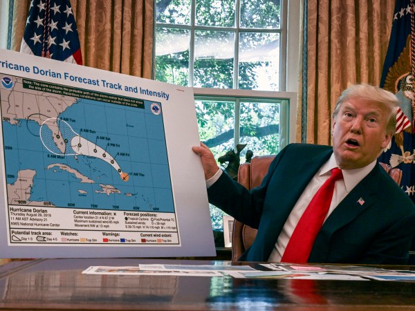 WASHINGTON, DC - September 04: President Donald Trump during an Oval Office briefing on the status of Hurricane Dorian, in Washington, DC.(Photo by Bill O'Leary/The Washington Post)