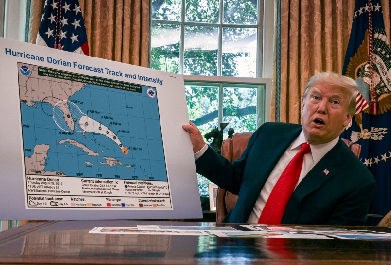 WASHINGTON, DC - September 04: President Donald Trump during an Oval Office briefing on the status of Hurricane Dorian, in Washington, DC.(Photo by Bill O'Leary/The Washington Post)