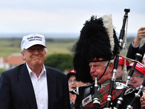 AYR, SCOTLAND - JUNE 24:  Presumptive Republican nominee for US president Donald Trump speaks as he reopens his Trump Turnberry Resort on June 24, 2016 in Ayr, Scotland.  (Photo by Jeff J Mitchell/Getty Images)