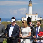 AYR, SCOTLAND - JUNE 24:  Presumptive Republican nominee for US president Donald Trump cuts a ribbon on the 9th tee at his Trump Turnberry Resort surrounded by his family Eric Trump, Ivanka Trump, Donald Trump junior and granddaughter Kai Trump on June 24, 2016 in Ayr, Scotland. Mr Trump arrived to officially open his golf resort which has undergone an eight month refurbishment as part of an investment thought to be worth in the region of two hundred million pounds.  (Photo by Jeff J Mitchell/Getty Images)