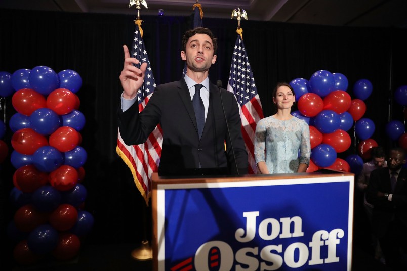 Democratic candidate Jon Ossoff arrives on stage to speak during his election night party being held at the Westin Atlanta Perimeter North Hotel after returns show him winning/losing the race for Georgia's 6th Congressional District on June 20, 2017 in Atlanta, Georgia. Mr. Ossoff ran in a special election against his Republican challenger Karen Handel in a bid to replace Tom Price, who is now the Secretary of Health and Human Services.