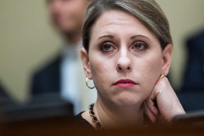 UNITED STATES - MARCH 14: Rep. Katie Hill, D-Calif., is seen during a House Oversight and Reform Committee hearing in Rayburn Building discuss preparations for the 2020 Census and citizenship questions on Thursday March 14, 2019. Commerce Secretary Wilbur Ross, testified. (Photo By Tom Williams/CQ Roll Call)