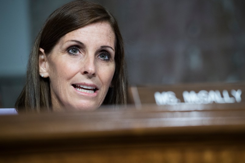 UNITED STATES - JULY 30: Sen. Martha McSally, R-Ariz., speak in support of Air Force Gen. John E. Hyten, who has been accused of sexual assault, during his Senate Armed Services Committee confirmation hearing to be vice chairman of the Joint Chiefs of Staff, in Dirksen Building on Tuesday, July 30, 2019. McSally has said that she was raped while serving in the Air Force. Army Col. Kathryn Spletstoser, who has accused Hyten of sexual assault, attended the hearing. (Photo By Tom Williams/CQ Roll Call)