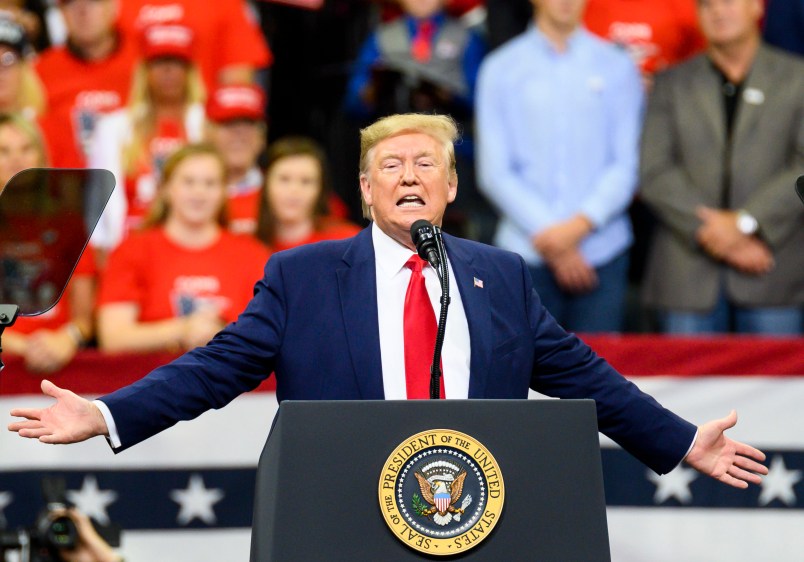MINNEAPOLIS, MN - OCTOBER 10: U.S. President Donald Trump speaks on stage during a campaign rally at the Target Center on October 10, 2019 in Minneapolis, Minnesota. The rally follows a week of a contentious back and forth between President Trump and Minneapolis Mayor Jacob Frey. (Photo by Stephen Maturen/Getty Images)