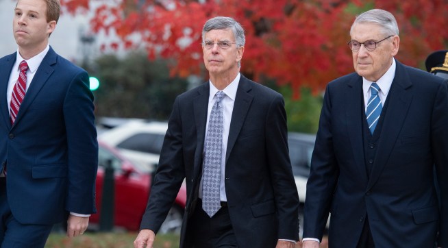 UNITED STATES - OCTOBER 16: Bill Taylor, center, the acting U.S. ambassador to Ukraine, arrives to the Capitol for a deposition related to the House's impeachment inquiry on Tuesday, October 22, 2019. (Photo By Tom Williams/CQ Roll Call),