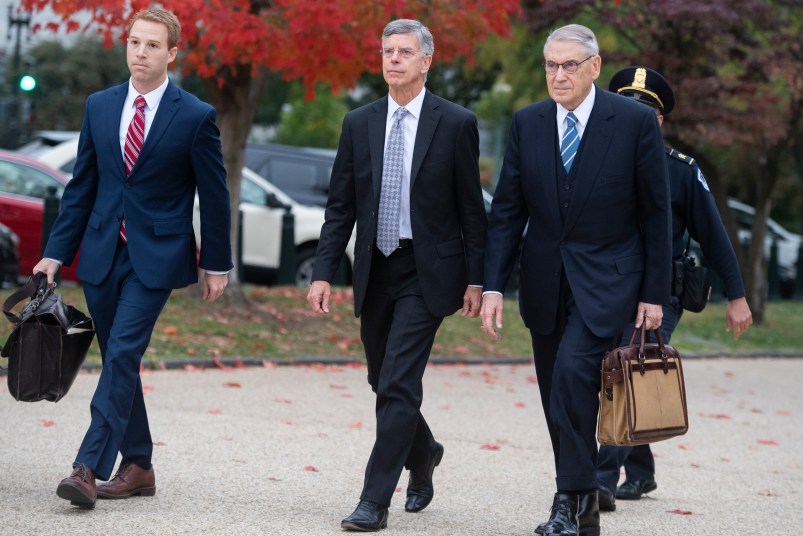 UNITED STATES - OCTOBER 16: Bill Taylor, center, the acting U.S. ambassador to Ukraine, arrives to the Capitol for a deposition related to the House's impeachment inquiry on Tuesday, October 22, 2019. (Photo By Tom Williams/CQ Roll Call),