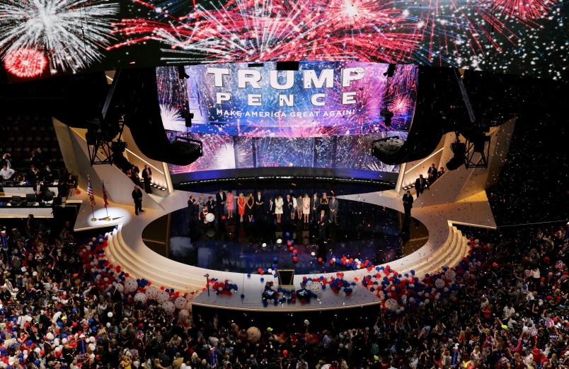 CLEVELAND, OH - JULY 21:  on the fourth day of the Republican National Convention on July 21, 2016 at the Quicken Loans Arena in Cleveland, Ohio. Republican presidential candidate Donald Trump received the number of votes needed to secure the party's nomination. An estimated 50,000 people are expected in Cleveland, including hundreds of protesters and members of the media. The four-day Republican National Convention kicked off on July 18. (Photo by Remote 3 Chip Somodevilla/Getty Images)