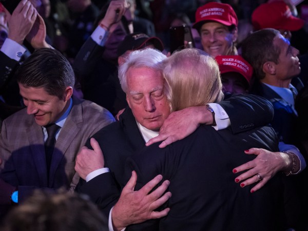 NEW YORK, NY - NOVEMBER 9: President-elect Donald Trump hugs his brother Robert Trump in the crowd after speaking during an election rally in midtown in New York, NY on Wednesday November 09, 2016. (Photo by Jabin Botsford/The Washington Post)
