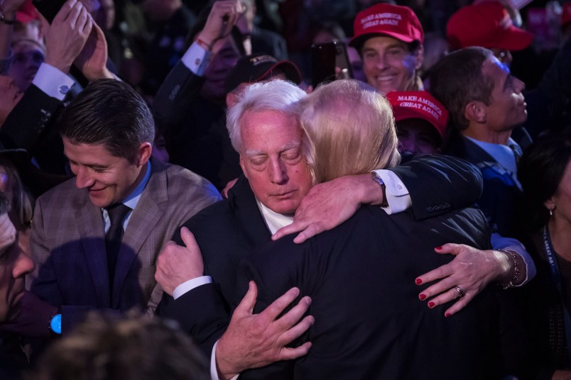 NEW YORK, NY - NOVEMBER 9: President-elect Donald Trump hugs his brother Robert Trump in the crowd after speaking during an election rally in midtown in New York, NY on Wednesday November 09, 2016. (Photo by Jabin Botsford/The Washington Post)