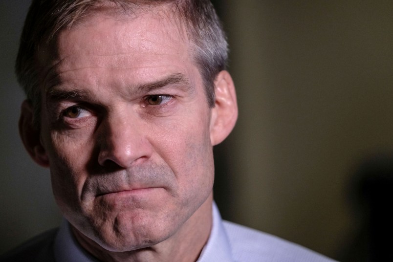 WASHINGTON, DC - OCTOBER 23:  U.S. House Oversight and Reform Committee ranking member Rep. Jim Jordan (R-OH), pauses while speaking after a closed session before the House Intelligence, Foreign Affairs and Oversight committees on Capitol Hill on October 23, 2019 in Washington, DC. Deputy Assistant Secretary of Defense Laura Cooper was on Capitol Hill to testify to the committees for the ongoing impeachment inquiry against President Donald Trump. (Photo by Alex Wroblewski/Getty Images)