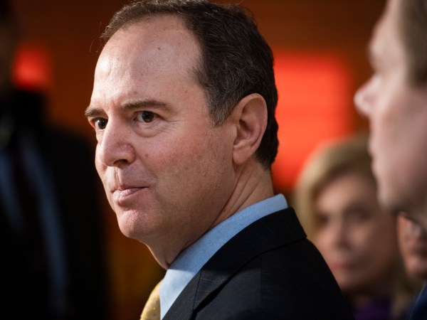 UNITED STATES - OCTOBER 28: House Intelligence Chairman Adam Schiff, D-Calif., and Reps. Eric Swalwell, D-Calif., right, Carolyn Maloney, D-N.Y., and Jamie Raskin, D-Md., conduct a news conference in Capitol Visitor Center where Charles Kupperman, a deputy to John Bolton, did not show up for a deposition as part of the House's impeachment inquiry on Monday, October 28, 2019. Gordon Sondland, U.S. ambassador to the European Union, was inside the deposition reviewing transcripts at the time. (Photo By Tom Williams/CQ Roll Call)