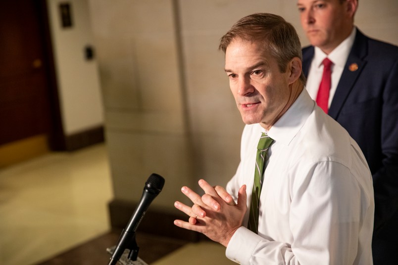 WASHINGTON, DC - OCTOBER 30: Representative Jim Jordan (R-OH) makes a statement outside of the Sensitive Compartmented Information Facility (SCIF) about the continued House impeach inquiry of President Trump on October 30, 2019 in Washington, DC. (Photo by Samuel Corum/Getty Images)
