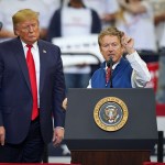 LEXINGTON, KY - NOVEMBER 04: U.S. President Donald Trump looks on as Sen. Rand Paul (R-KY) speaks during a campaign rally at the Rupp Arena on November 4, 2019 in Lexington, Kentucky. The President is visiting Kentucky a day before Election Day to support the reelection efforts of Republican Governor Matt Bevin. (Photo by Bryan Woolston/Getty Images)