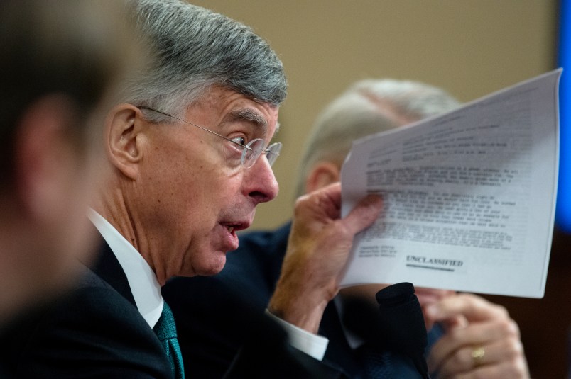 UNITED STATES - NOVEMBER 13: William Taylor, the senior U.S. diplomat in Ukraine, holds up a copy of the the transcript of a phone call between President Donald Trump and Ukrainian President Volodymyr Zelenskiy as he testifies before the House Intelligence Committee hearing on the impeachment inquiry of President Trump in Longworth Building on Wednesday Nov. 13, 2019. (Photo by Caroline Brehman/CQ Roll Call)