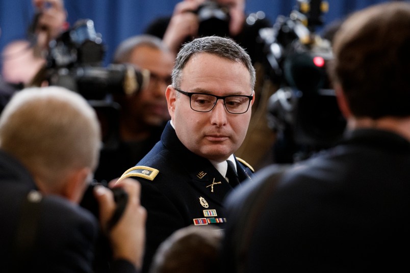 Director for European Affairs of the National Security Council, US Army Lieutenant Colonel Alexander Vindman prior to testifying during the House Permanent Select Committee on Intelligence public hearing on the impeachment inquiry into US President Donald J. Trump, on Capitol Hill in Washington, DC, USA, 19 November 2019. The impeachment inquiry is being led by three congressional committees and was launched following a whistleblower's complaint that alleges US President Donald J. Trump requested help from the President of Ukraine to investigate a political rival, Joe Biden and his son Hunter Biden.
