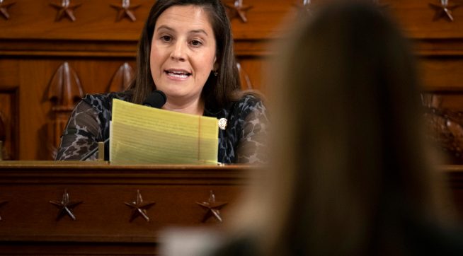 Rep. Elise Stefanik, R-N.Y., questions Jennifer Williams, an aide to Vice President Mike Pence, and National Security Council aide Lt. Col. Alexander Vindman, as they testify before the House Intelligence Committee on Capitol Hill in Washington, Tuesday, Nov. 19, 2019, during a public impeachment hearing of President Donald Trump's efforts to tie U.S. aid for Ukraine to investigations of his political opponents. (AP Photo/Jacquelyn Martin, Pool)