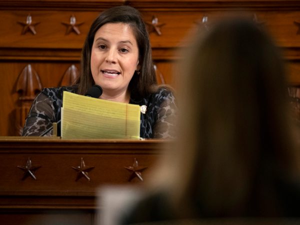 Rep. Elise Stefanik, R-N.Y., questions Jennifer Williams, an aide to Vice President Mike Pence, and National Security Council aide Lt. Col. Alexander Vindman, as they testify before the House Intelligence Committee on Capitol Hill in Washington, Tuesday, Nov. 19, 2019, during a public impeachment hearing of President Donald Trump's efforts to tie U.S. aid for Ukraine to investigations of his political opponents. (AP Photo/Jacquelyn Martin, Pool)