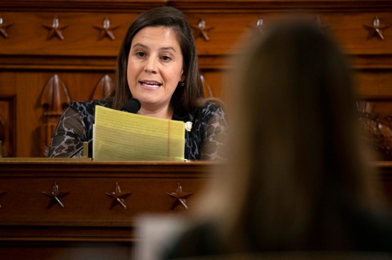 Rep. Elise Stefanik, R-N.Y., questions Jennifer Williams, an aide to Vice President Mike Pence, and National Security Council aide Lt. Col. Alexander Vindman, as they testify before the House Intelligence Committee on Capitol Hill in Washington, Tuesday, Nov. 19, 2019, during a public impeachment hearing of President Donald Trump's efforts to tie U.S. aid for Ukraine to investigations of his political opponents. (AP Photo/Jacquelyn Martin, Pool)