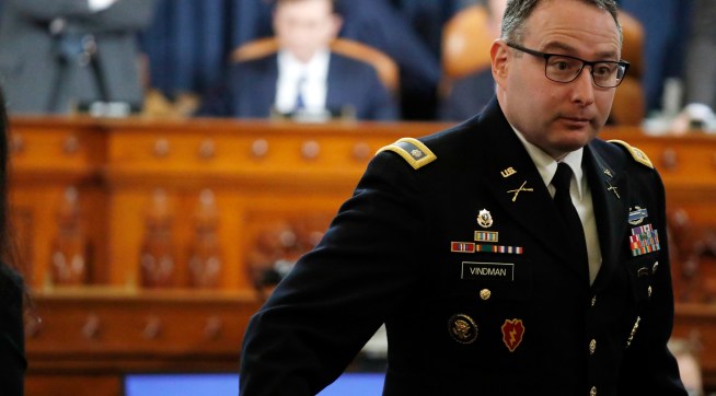 National Security Council aide Lt. Col. Alexander Vindman, takes a break as he testifies before the House Intelligence Committee on Capitol Hill in Washington, Tuesday, Nov. 19, 2019, during a public impeachment hearing of President Donald Trump’s efforts to tie U.S. aid for Ukraine to investigations of his political opponents. (AP Photo/Jacquelyn Martin, Pool)