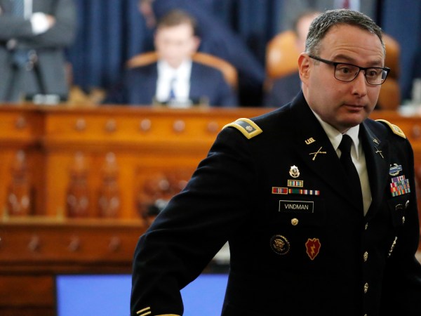 National Security Council aide Lt. Col. Alexander Vindman, takes a break as he testifies before the House Intelligence Committee on Capitol Hill in Washington, Tuesday, Nov. 19, 2019, during a public impeachment hearing of President Donald Trump’s efforts to tie U.S. aid for Ukraine to investigations of his political opponents. (AP Photo/Jacquelyn Martin, Pool)