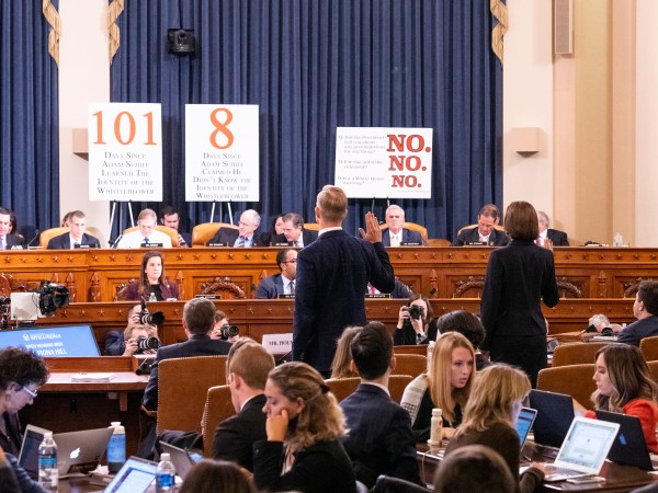 WASHINGTON, D.C., UNITED STATES - NOVEMBER 21 2019:David Holmes, U.S. Department of State official who serves as a counsellor for political affairs at the U.S. Embassy in Ukraine, and Fiona Hill, former official at the National Security Council specialising in the former Soviet Union and Russian and European affairs at the U.S. Embassy in Ukraine attend the Open Hearings on the Impeachment of President Donald Trump of the House Intelligence Committee in Washington.