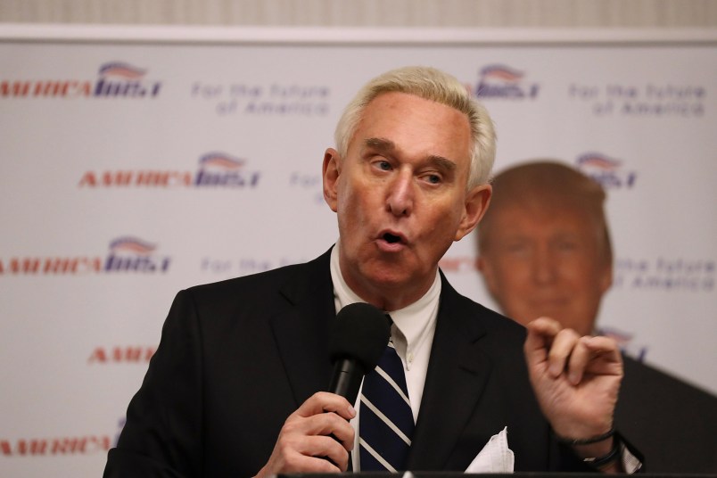 BOCA RATON, FL - MARCH 21:  Roger Stone a longtime political adviser and friend to President Donald Trump speaks before signing copies of his book "The Making of the President 2016" at the Boca Raton Marriott on March 21, 2017 in Boca Raton, Florida.  The book delves into the 2016 presidential run by Donald Trump.  (Photo by Joe Raedle/Getty Images)