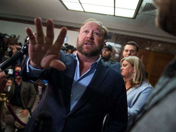 UNITED STATES - SEPTEMBER 05: Alex Jones of Inforwars, a news conference outside a Senate (Select) Intelligence Committee hearing in Dirksen Building where Sheryl Sandberg, Facebook COO, and Jack Dorsey, Twitter CEO, were testifying on the influence of foreign operations on social media on September 5, 2018. Jones has recently been banned from social media platforms. (Photo By Tom Williams/CQ Roll Call)