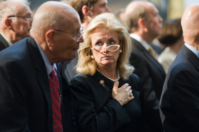UNITED STATES - May 3:  Rep. John Dingell, D-Mich., and his wife Debbie Dingell attend the statue unveiling ceremony for President Gerald Ford in the rotunda of the Capitol.  (Photo By Tom Williams/Roll Call)