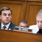 UNITED STATES - JUNE 12: Reps. Justin Amash, R-Mich., left, and ranking member Rep. Jim Jordan, R-Ohio, are seen during a House Oversight and Reform Committee markup in Rayburn Building on a resolution on whether to hold Attorney General William Barr and the Secretary of Commerce Wilbur Ross in contempt of Congress on Wednesday, June 12, 2019. (Photo By Tom Williams/CQ Roll Call)