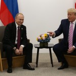 OSAKA, JAPAN - JUNE,28 (RUSSIA OUT) U.S. President Donald Trump (R) and Russian President Vladimir Putin (L) attend their bilateral meeting at the G20 Osaka Summit 2019, in Osaka, Japan, June,28,2019. Vladimir Putin has arrived to Japan to partcipate the G20 Osaka Summit and to meet U.S.President Donald Trump.  Photo by Mikhail Svetlov/Getty Images