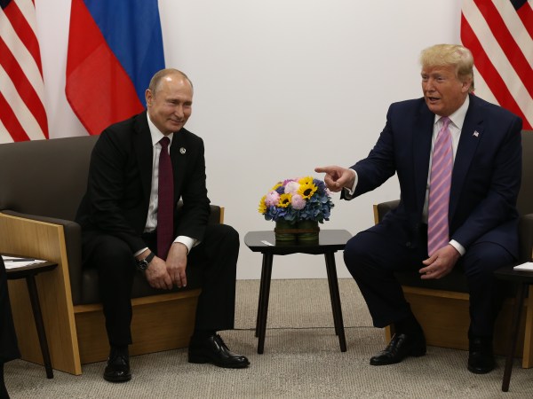 OSAKA, JAPAN - JUNE,28 (RUSSIA OUT) U.S. President Donald Trump (R) and Russian President Vladimir Putin (L) attend their bilateral meeting at the G20 Osaka Summit 2019, in Osaka, Japan, June,28,2019. Vladimir Putin has arrived to Japan to partcipate the G20 Osaka Summit and to meet U.S.President Donald Trump.  Photo by Mikhail Svetlov/Getty Images