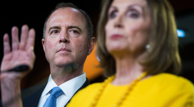 UNITED STATES - JULY 24: House Intelligence Committee Chairman Adam Schiff, D-Calf., and Speaker Nancy Pelosi, D-Calif., conduct a news conference on the testimony of former special counsel Robert Mueller on his investigation into Russian interference in the 2016 election on Wednesday, July 24, 2019. (Photo By Tom Williams/CQ Roll Call)